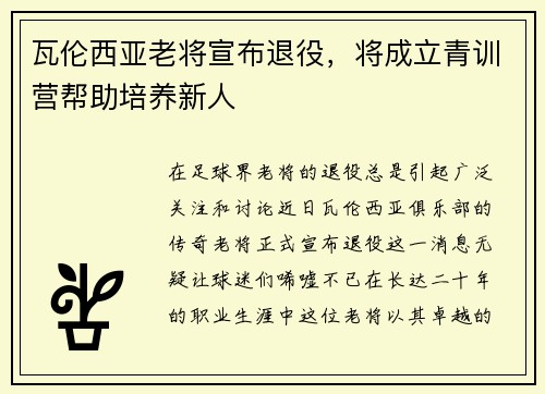 瓦伦西亚老将宣布退役，将成立青训营帮助培养新人