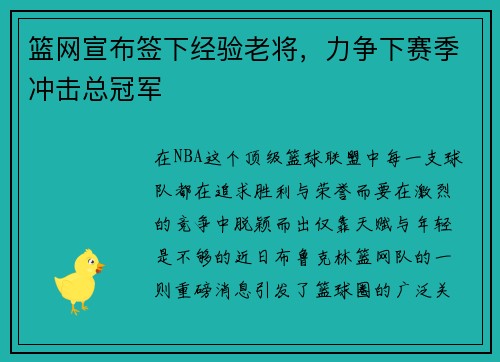 篮网宣布签下经验老将，力争下赛季冲击总冠军